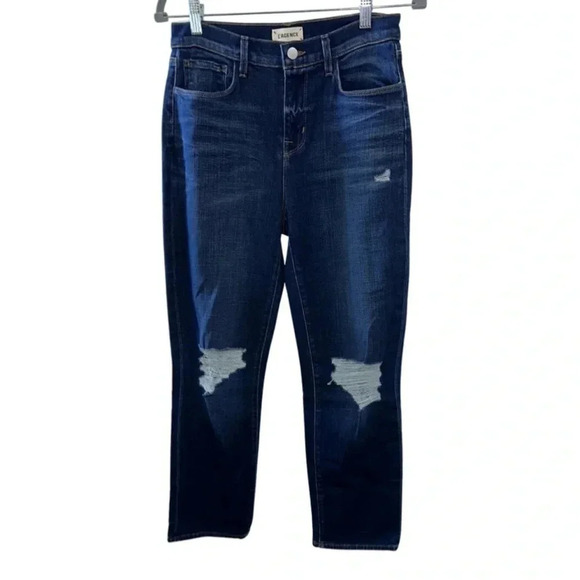 L'Agence Shane Distressed Mid Rise Slouchy Straight Jeans Dark Wash Size 26 - Picture 4 of 8